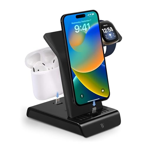 Wasserstein 3-in-1 Charging Station for iPhone, Airpods and Fitbit - Charge Multiple Apple Devices with This iPhone Charging Station (Black, 1 Pack)