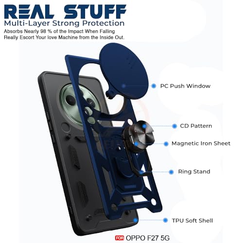 Image of Armor Bumper Back Cover Case for Oppo F27 5G Rotating Camera Cover, Ring Holder & Kickstand | Heavy Duty & 360 Degree Protection Oppo F27 5G Back Cover (Blue)