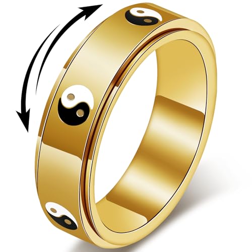 LuckyAmor Yin Yang Fidget Ring for Women - Stainless Steel Anxiety & Stress Relief Jewelry, Tai Chi Thumb Spinner Rings for Adults Jewelry Gift for Women Men (Gold, 8)