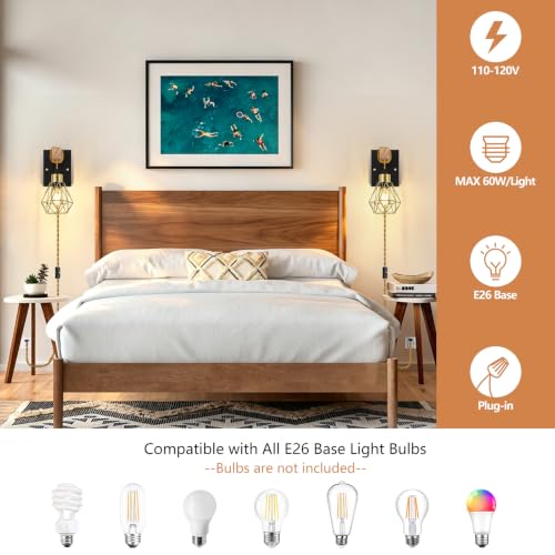 Image of Lomoky Rustic Plug in Wall Sconces Set of 2, Black Wall Lamps with Plug in Cord, Vintage Wall Light Fixtures with On /Off Switch and Gold Metal Cage for Living Room, Bedroom, Bedside