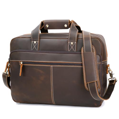 Full Grain Leather Briefcase for Men, 17 Inch Laptop Work Bag, Brown