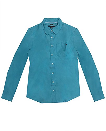 Tommy Hilfiger レディース 長袖 ポプリンシャツ (X-S、ティール)