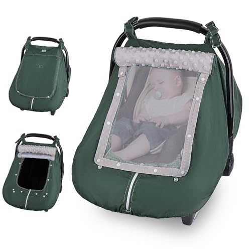 Image of FIOBEE Baby Car Seat Cover, Car Seat Covers for Babies Infant Car Seat Canopy with Breathable Mesh Window Waterproof Carseat Cover for Babies Boy Girl 4 Seasons, Green