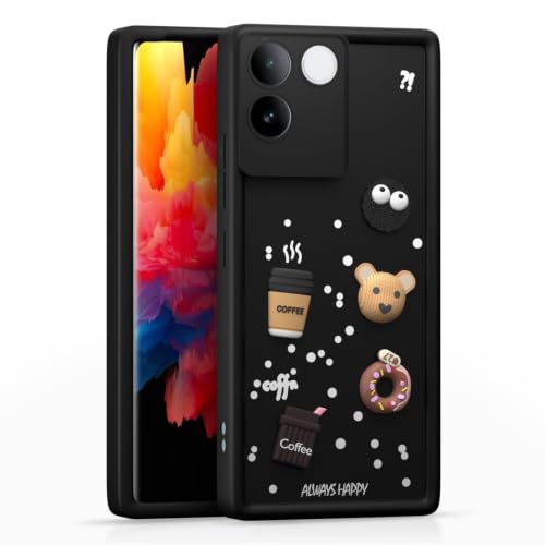 Image of Bintage Cute Fun Ball | Taddy Cartoon 3D Smiley Coffee Cup | Milk Donut | Full Protection Rubber Back Cover Compatible for Vivo V2321 / Vivo T2 Pro 5G - Black
