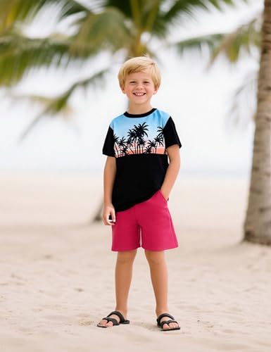 Image of GERU Boy Shorts Sets Hawaiian Outfit Kid Leaves Floral Short Sleeve Shirt Top+shorts Suits