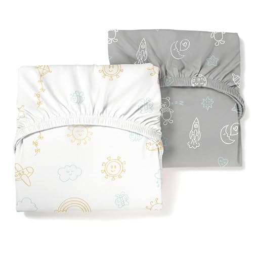 Image of Luvberries Guava Lotus Travel Crib Sheets (Set of 2) – 100% Organic Cotton Fitted Sheets for Baby Play Yard & Mini Crib Mattress – Super Soft Jersey Knit – Snug Fit & Washable (Day & Night)