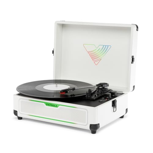 Image of Victrola Journey Glow - Lightshow Bluetooth Suitcase Record Player - White | Suitcase turntable, 18 RGB light modes, built-in stereo speakers, two-way Bluetooth (VINYLSTREAM out), RCA and headphone jack