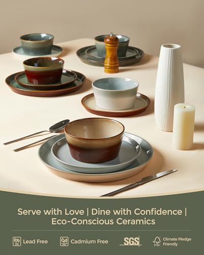 Image of Ceramic Plates and Bowls Sets for 8, 24pcs Dinnerware Sets, Dish Set | Reactive Glaze Stoneware Dishes Set, Microwave & Dishwasher Safe, Scratch Resistant, Easy Cleaning Dishware sets, Green Wheat