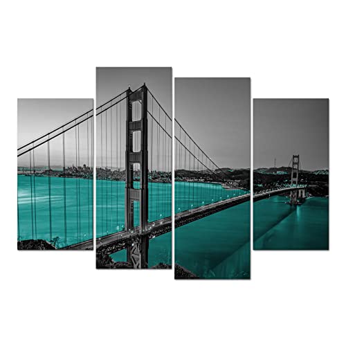 Ilooklike 4 Panels Teal Golden Gate Bridge Canvas Wall Art Black And White Cityscape Artwork Framed Turquoise San Francisco Pictures For Modern Home Office Decoration Stretched And Ready To Hang #TOP22