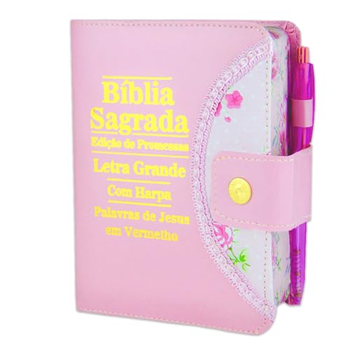 REI DAS BIBLIAS, Bíblia Sagrada Letra Grande - Rosa - Botão e Caneta Revista e Corrigida - Com Harpa