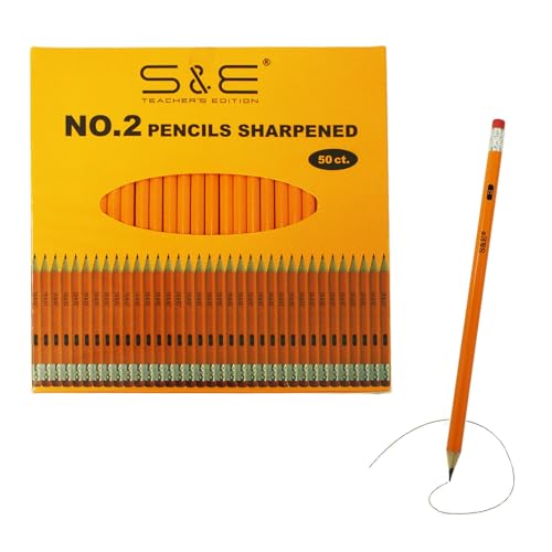 S & E TEACHER'S EDITION Wood-Cased #2 Pencils 50Pcs, Pre-Sharpened Pencils with Top Erasers, Yellow, HB Lead, for School Teacher Supplies, Writing, Drawing and Sketching, 50 Count.