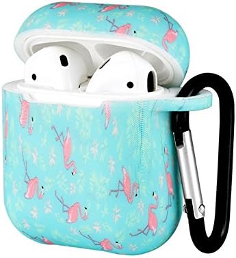 Compatible with AirPods Protective Case, Portable Silicone Cover Shock Proof Protective Cover Skin with Sport Carabiner & Dustproof Plug Compatible with Apple Airpods Charging Case (Flamingo)