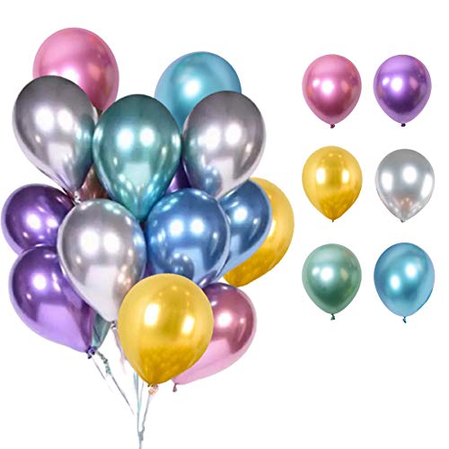LUDEOU 60Pcs 12 Inch Metal Chrome Balloons Kit， Multicolor Chrome Balloons Metallic Gold Silver Blue Purple Pink Green Latex Balloon Birthday Party Balloon for Wedding Prom Baby Shower Graduation Party