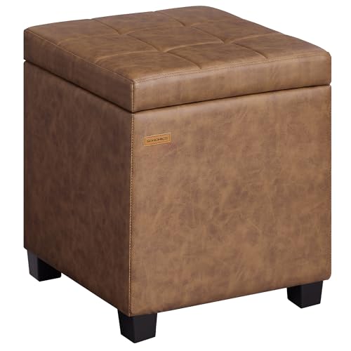 SONGMICS Square Storage Ottoman, Foot Stool Footrest with Legs, Ottoman Cube with Hinged Lid, for Living Room, Bedroom, 16.9 x 16.9 x 18.1 Inches, Synthetic Leather, Coffee Brown ULOM519KQ01