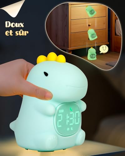 Réveil avec veilleuse pour enfants, horloge d'entraînement au sommeil avec machine sonore, rechargeable en silicone, peut être réveillé, lampe de table en forme d'animal mignon, compagnon de sommeil – vue 7