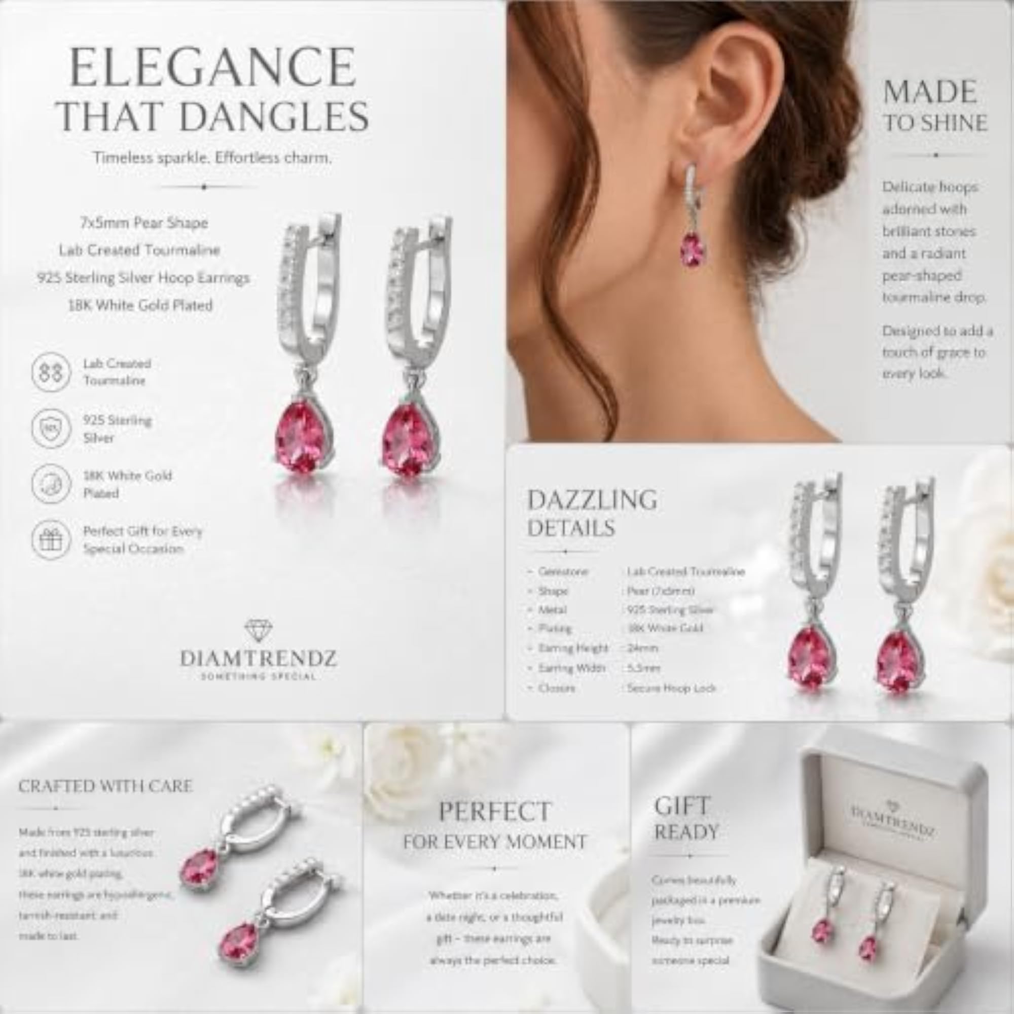 Women's Rhodium Plated 925 Sterling Silver Teardrop Dangling Drop Earrings