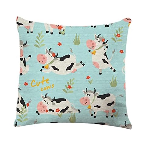 YGGQF Throw Pillow Cover Cartoon Cows in Various Positions Flowers Home Decor Pillowcase for Sofa 18x18 Inches Cover