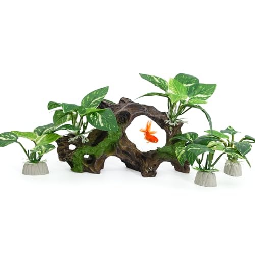Vtapliea Driftwood Cave Aquarium Decor Silk Aquarium Plants for Betta
