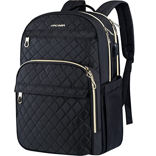 KROSER 15.6-Inch Stylish Laptop Backpack with USB Port for Travel and Business - Water-Repellent Nylon in Black for Women