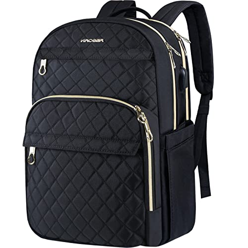 KROSER Laptop Rucksack Damen 15,6 Zoll Stilvoller Tagesrucksack mit USB-Ladeanschluss, Wasserabweisender Nylon Schulrucksack Rucksack für Reisen/Business/Damen/Mädchen-Schwarz