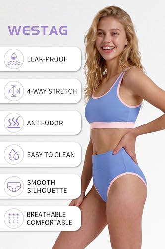 Image of Period Swimwear Two Piece Leakproof Swimsuit Menstrual High Waist Bikini Sets Color Block Bathing Suit for Teen Girls