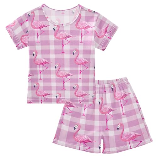 ALAZA Flamingo on Plaid Pajamas Short Sleeve 2 Piece Sleepwear Top and Bottom Pajama Set Unisex