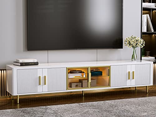 IKIFLY Modern TV Stand for 85+ inch TV, White LED Slate Entertainment Center with Glass Storage Cabinets and LED Lights for Living Room