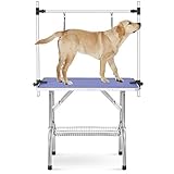 LZ LEISURE ZONE Pet Dog Grooming Table, Adjustable Height Foldable Drying Table Portable Non-Slip Rubber Table with Mesh Tray, Arm and Clamp for Dogs Cats, Blue