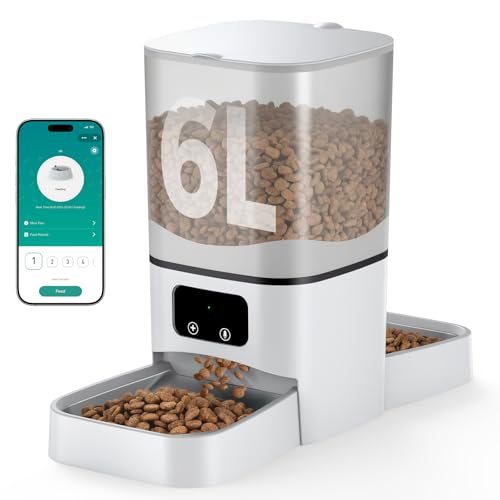 Automatic Cat Feeder 2 Cats, 6L Automatic Cat Food Dispenser with 2 Stainless Steel Bowls, Timed Dry Food Dispenser with APP Control for Cats and Dogs, Dual Power Supply, 10s Voice Recorder