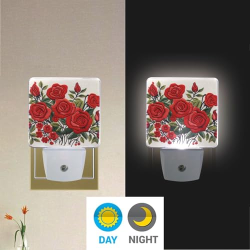 Image of Red Rose Flower Night Lights 2 Pack Plug-in Wall Led Nightlight Auto Dusk-to-Dawn Sensor Lamps for Bedroom Kitchen Bathroom
