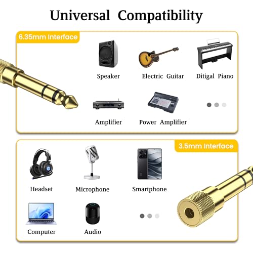 Image of Tobfit 2 Pack 6.35mm to 3.5mm Audio Jack Adapter,1 /4 Inch Male to 1 /8 Inch Female Stereo Gold-Plated Connector for Headphones, Guitar, Amplifier, Digital Piano, Speaker & Aux Cable