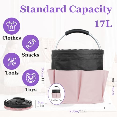 Image of 2Pcs 17L Shower Caddy with 6 Pockets, Portable Cleaning Caddy in 600D Oxford Fabric, Cleaning Supplies Bucket with Handle, Multifunctional Storage Basket for Dorm, Family, Black with Pink