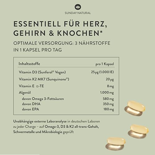 SUNDAY NATURAL® D3 K2 + Omega 3 Kapseln Vegan – 1.000IE Vitamin D3 + 25µg Vitamin K2 MK7 – ≥99,8% All-Trans, 580 mg Omega 3 - DHA + EPA pro Kapsel – 120 Softgel Kapseln hochdosiert – Laborgeprüft