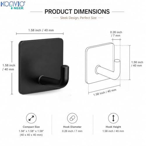 Image of KONVIO NEER Self Adhesive Metal Wall Hooks - Pack of 4 Heavy Duty Square Wall Hooks Without Drilling | Black Waterproof & Rust-Resistant Hooks for Towels, Keys, Kitchen, Bathroom & Home Organization