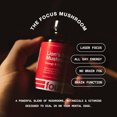 fourfive Lions Mane Mushroom Supplement (4000mg) Energy & Focus Blend, Support Brain Function, Focus & Energy - 60 Capsules