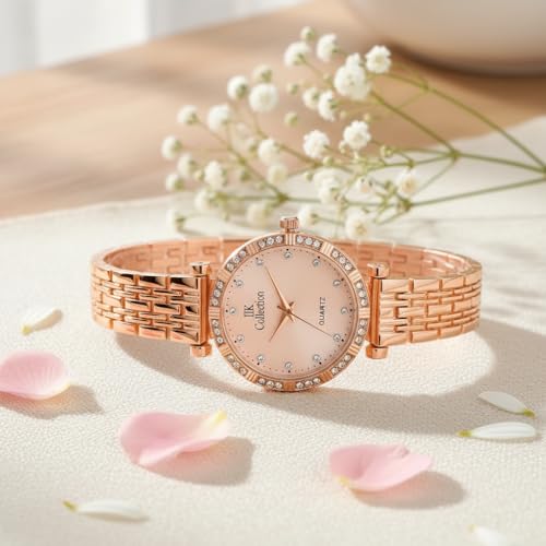 Image of IIK COLLECTION Watches for Women Round Studded Dial |Analogue Quartz Movemnet Ladies Watch|Long Battery Life|Stainless Steel Adjustable Bracelet Chain Strap|Double Lock Clasp Safety Watches for Girls