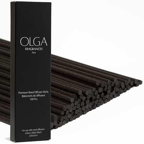 OLGA 100pcs Black Reed Diffuser Sticks – Premium Long Fibre 220mm x 3mm – Strong Scent Throw – Ideal for Fragrance Oil Refills – Fits All Standard Diffuser Bottles – 8 Reeds Last Up to 90 Days