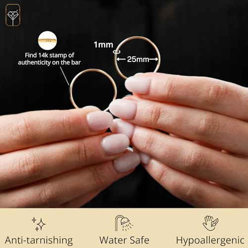 MAX + STONE Solid 14k Gold Hoop Earrings for Women | 1mm Tube, Flex Continuous 5mm (1 Inch) Diameter Large by MAX + STONE - Image 3