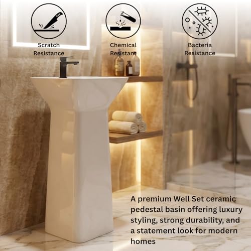 Image of Well Set Luxury Ceramic One Piece Pedestal Wash Basin | Premium Square Stand Wash Basin for Home Office Hotel | SQURE WHITE