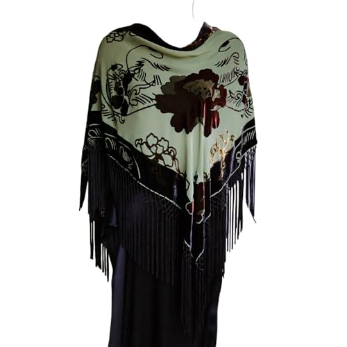 Silk Base Burn-out Velvet Triangle Scarf, with 8" Tassel on two sides, Flora pattern, Green and BrownColor3