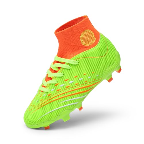 DREAM PAIRS Boys Girls Football Cleats Youth Firm Groud Outdoor Trainning Athletic Sport High Top Soccer Shoes for Little/Big Kid 12 Little Kid Neon Green