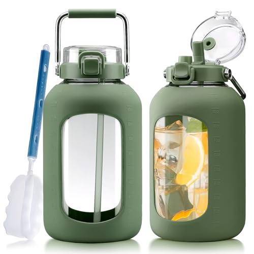 WINSA Large Glass Water Bottles with Stainless Steel Handle,100 oz Gallon Drinking Bottle with 2-in-1 Straw Lid,3 Liter Glass Water Jug with Silicone Sleeve,Wide Mouth,Olive