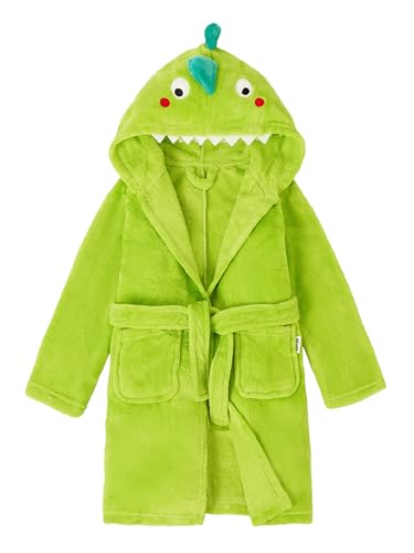 LOLANTA Kinder Fleece Bademantel Dinosaurier Plüsch Kapuzenbademantel, Grüner Dinosaurier, M (3-5 Jahre)