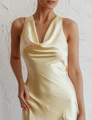 Image of KOUNAI Satin Backless Formal Maxi Dresses for Women Wedding Guest | Silk,Cowl Neck,Drape Neck,Open Back,Sleeveless,Tie Back,Elegant,Cocktail,Bridesmaid,Beach,Vacation,Party,Graduation,Midi