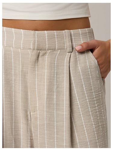 GORGLITTER Women's Zipper Fly Striped Dress Pants Pleated Straight Leg Trousers with Pockets3