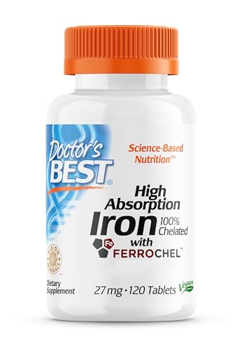 Doctor's Best High Absorption Iron (Iron bisglycinate), 27mg, 120 Vegan Tablets, Gluten Free, SOYA Free, Vegetarian, Non-GMO