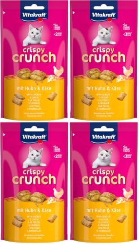 Vitakraft Crispy Crunch, golosina para Gatos, crujiente para Gatos, Relleno de Pollo y Queso, en Bolsa resellable, sin azúcar añadido (1 x 60 g) (Paquete de 4)