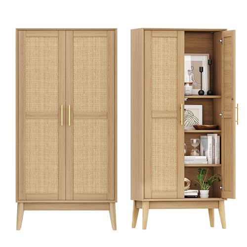 Keehusux 55' Rattan Tall Storage Cabinet, Kitchen Pantry with 2 Doors, Adujustable Shelf and Solid Wood Legs, Cupboard, Bathroom Floor Cabinet for Living Room, Dining Room, Natural KES020MCWG