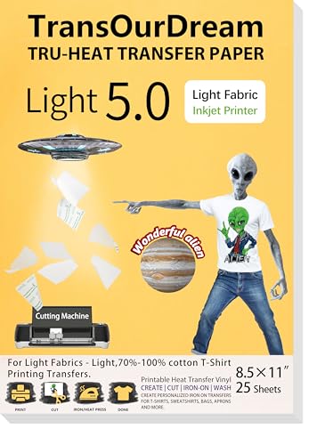 TransOurDream Tru-Heat Transfer Paper for T Shirts (25 Sheets, 8.5x11\", Light 5.0) Printable HTV Heat Transfer Vinyl for Inkjet Printer Iron on Transfers for Light Fabrics (TRANS-L5-20)
