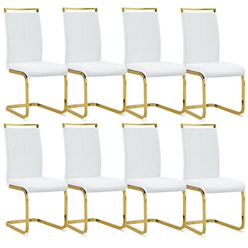 Image of Baysitone Modern Dining Chairs Set of 8, Side Dining Room Chairs with Golden Legs, Kitchen Chairs with Faux Leather Padded Seat High Back for Dining Room, Kitchen, Living Room White